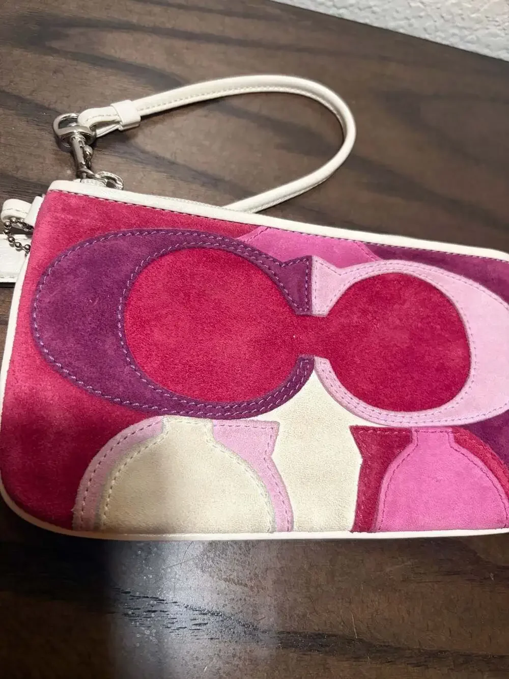 Coach Op Art Patchwork Suede Wristlet in Pink and Purple Multi